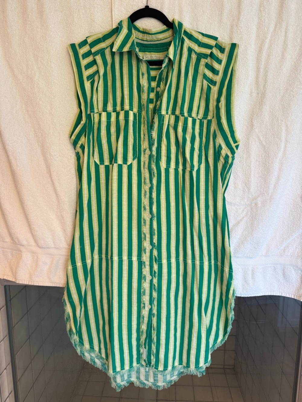 We The Free Green and Cream Striped Sleeveless Button-Down Dress